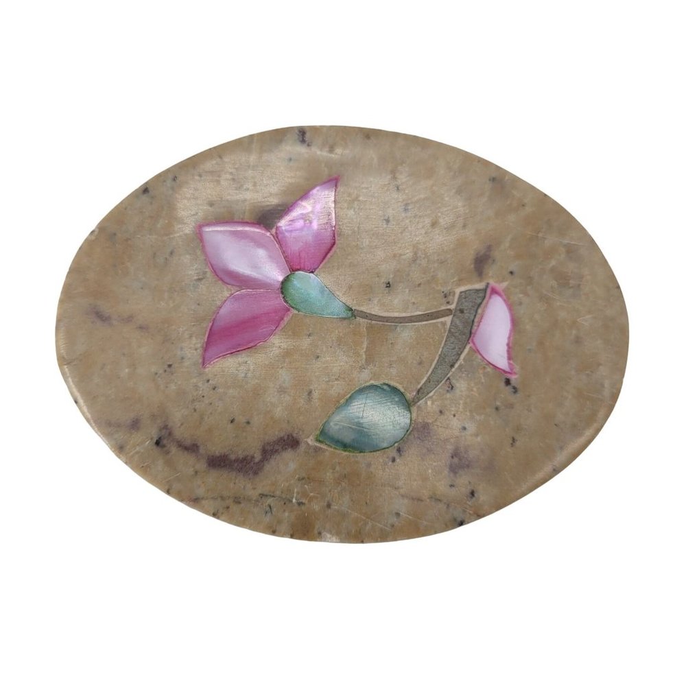 Vintage Stone Trinket Box with Inlaid Flower Design on Lid